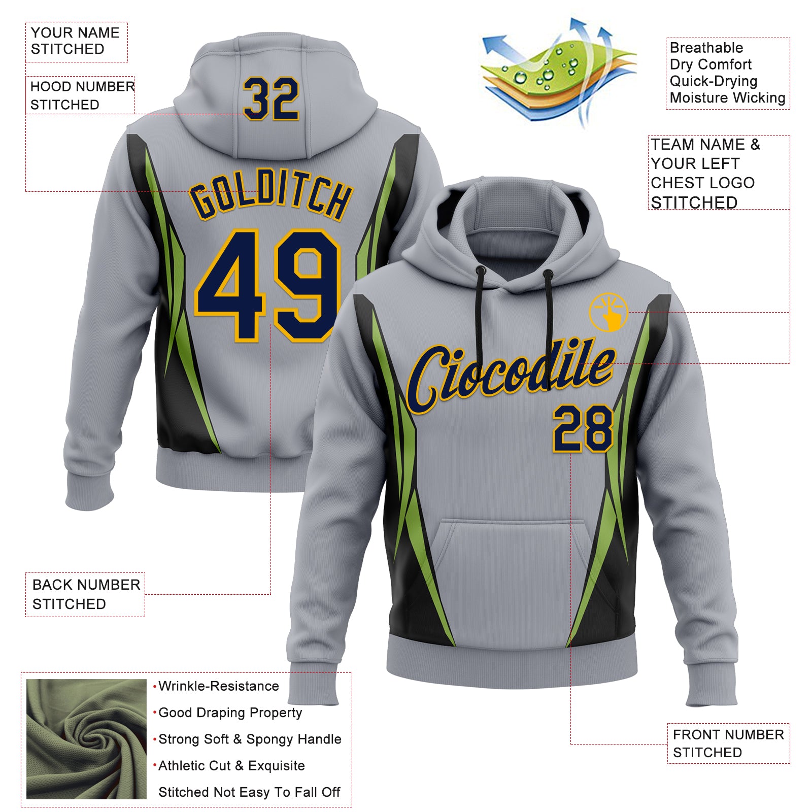 Custom Stitched Gray Navy Black Green-Gold 3D Pattern Design Sportswear Pullover Sweatshirt Hoodie