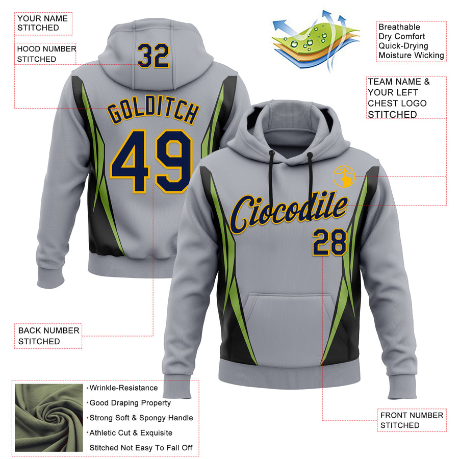 Custom Stitched Gray Navy Black Green-Gold 3D Pattern Design Sportswear Pullover Sweatshirt Hoodie