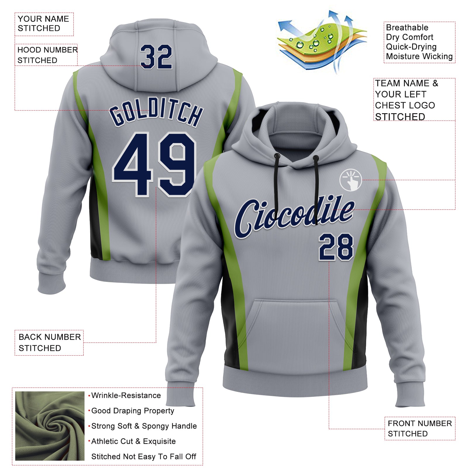 Custom Stitched Gray Navy Black Green-White 3D Pattern Design Sportswear Pullover Sweatshirt Hoodie