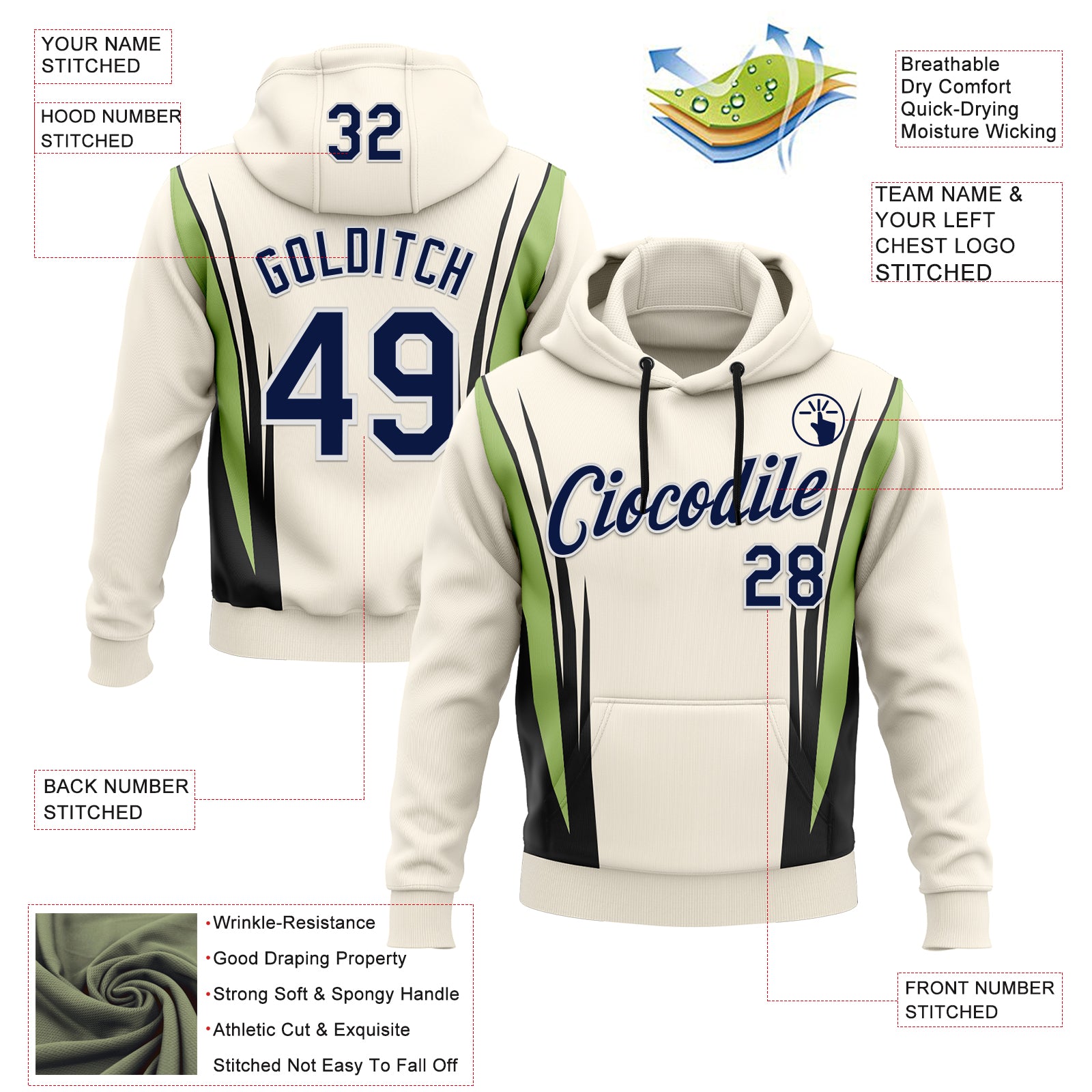 Custom Stitched Cream Navy Black Green-White 3D Pattern Design Sportswear Pullover Sweatshirt Hoodie