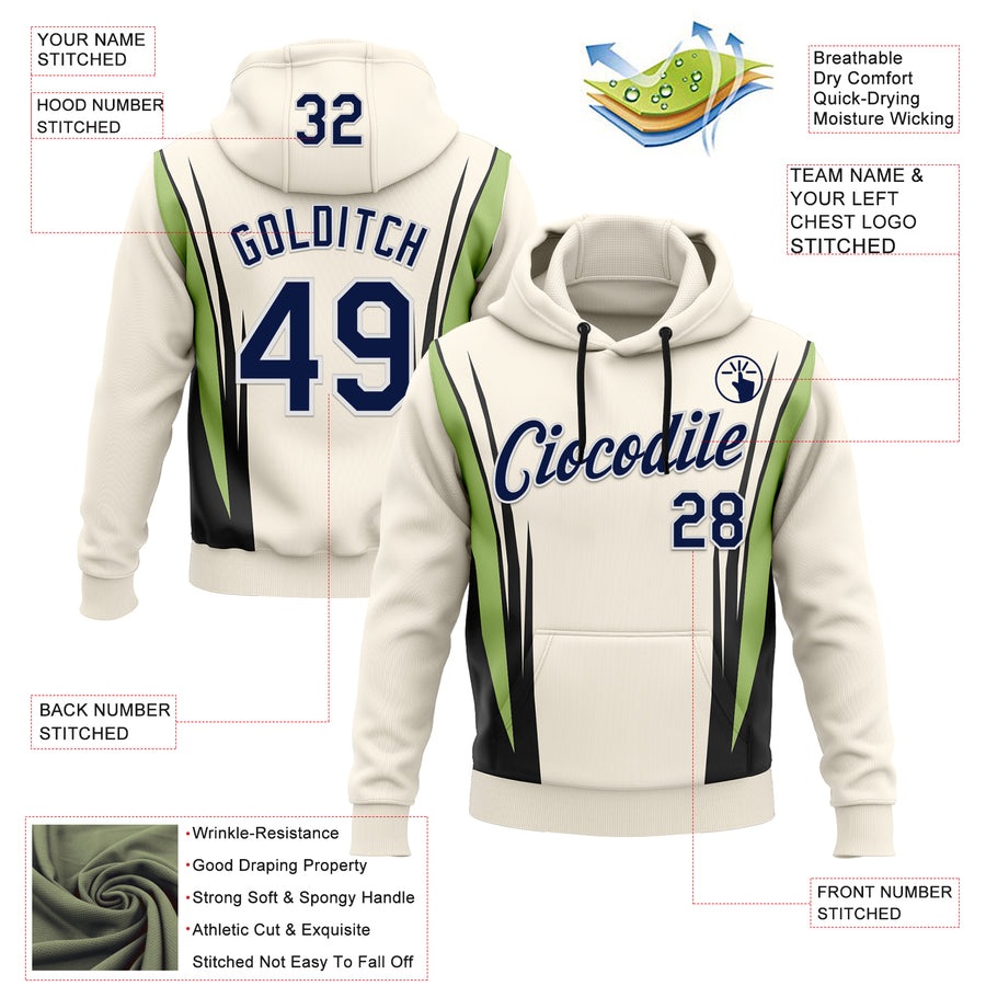 Custom Stitched Cream Navy Black Green-White 3D Pattern Design Sportswear Pullover Sweatshirt Hoodie