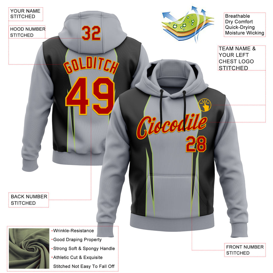 Custom Stitched Gray Red Black Green-Gold 3D Pattern Design Sportswear Pullover Sweatshirt Hoodie