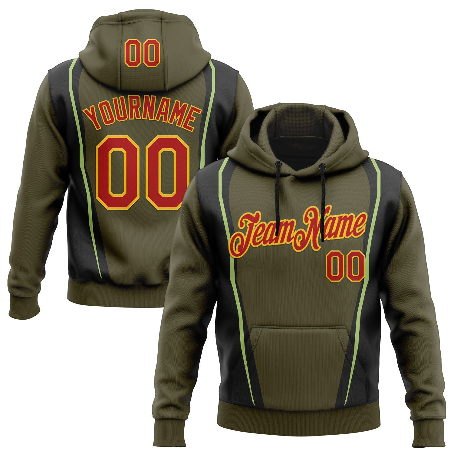 Custom Stitched Olive Red Black Green-Gold 3D Pattern Design Sportswear Pullover Sweatshirt Salute To Service Hoodie