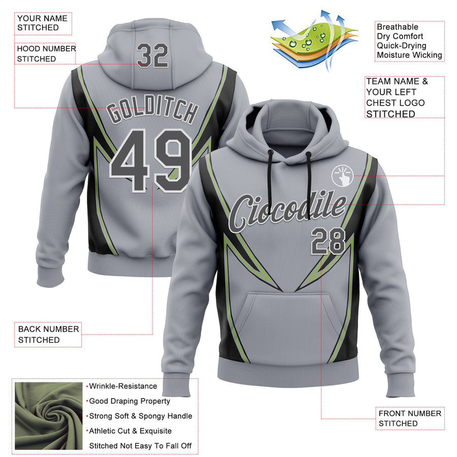 Custom Stitched Gray Steel Gray Black Green-White 3D Pattern Design Sportswear Pullover Sweatshirt Hoodie