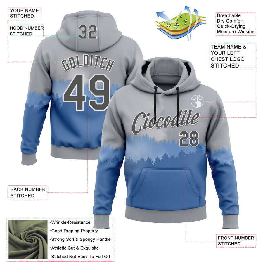 Custom Stitched Gray Steel Gray Blue-White 3D Pattern Design Natural Scenery Sportswear Pullover Sweatshirt Hoodie