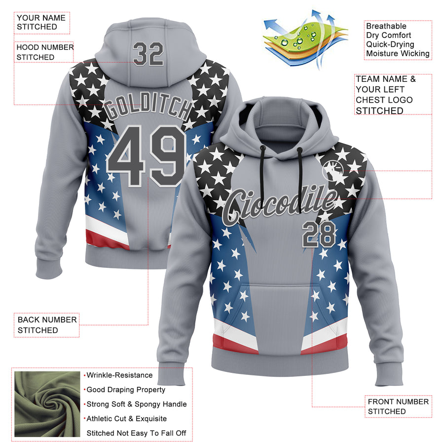 Custom Stitched Gray Steel Gray Black Blue Red-White 3D Pattern Design American Flag Inspire Patriotic Sportswear Pullover Sweatshirt Hoodie
