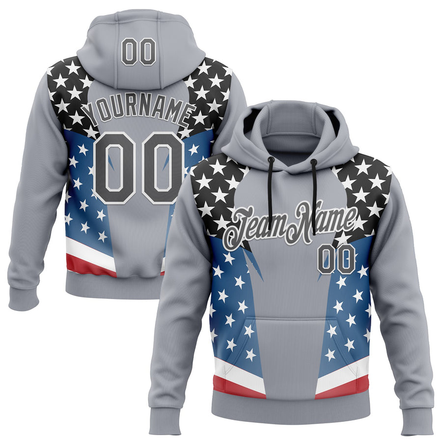 Custom Stitched Gray Steel Gray Black Blue Red-White 3D Pattern Design American Flag Inspire Patriotic Sportswear Pullover Sweatshirt Hoodie