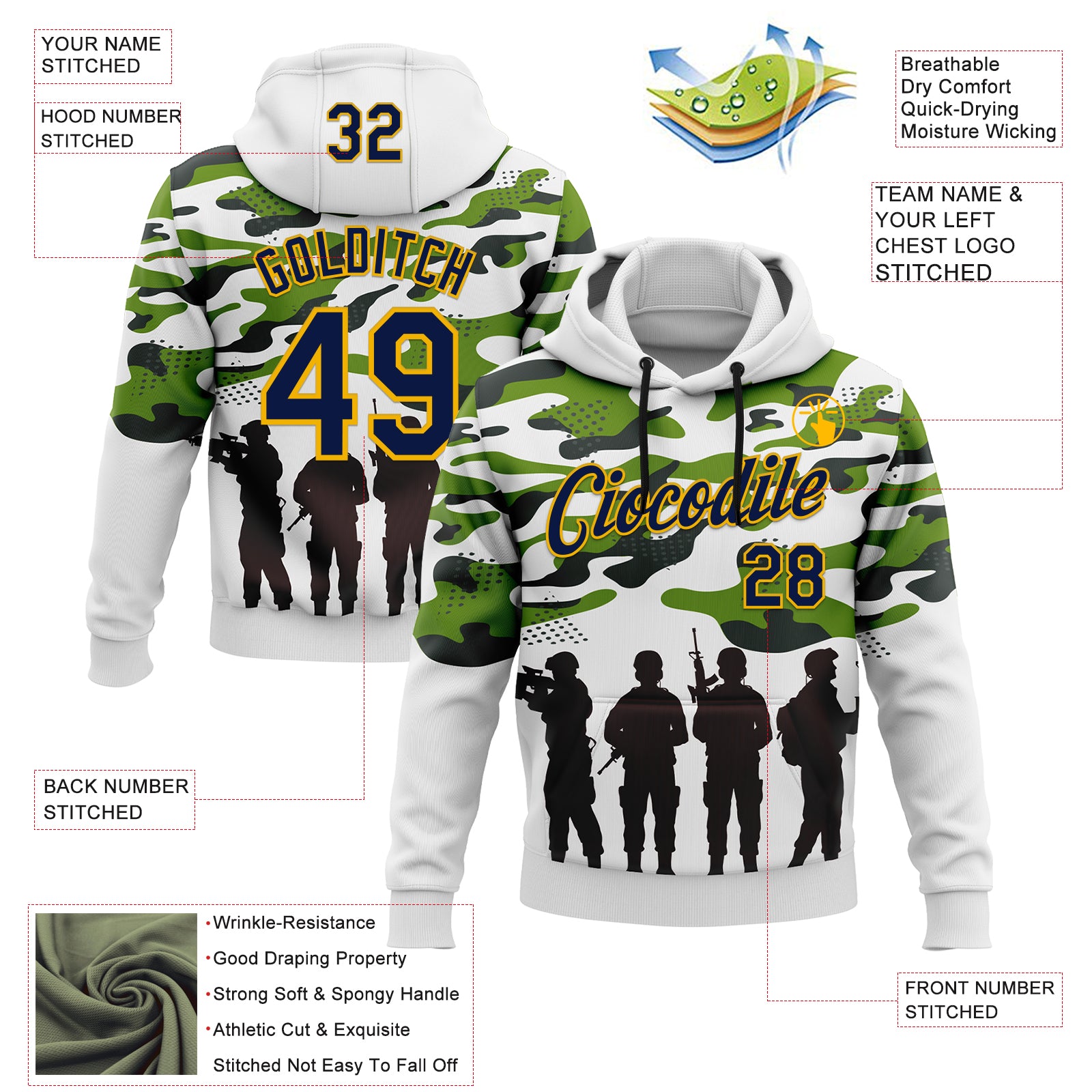 Custom Stitched White Navy Black-Gold 3D Pattern Design Camo Military Sportswear Pullover Sweatshirt Hoodie