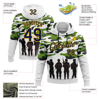 Custom Stitched White Navy Black-Gold 3D Pattern Design Camo Military Sportswear Pullover Sweatshirt Hoodie