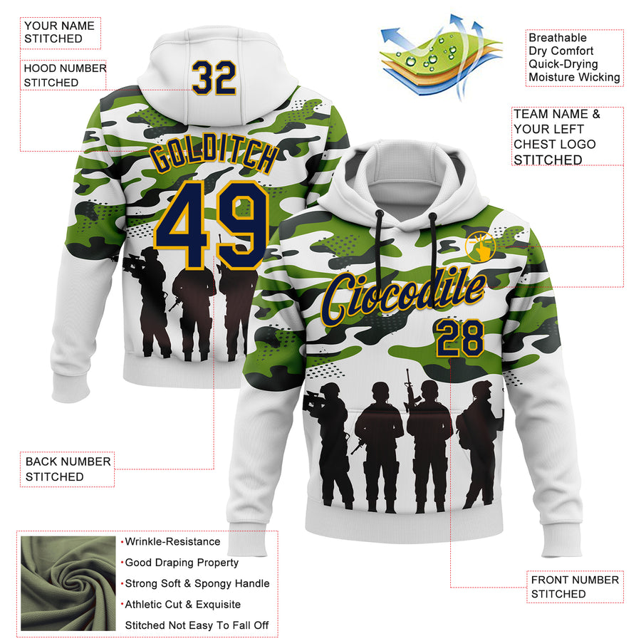 Custom Stitched White Navy Black-Gold 3D Pattern Design Camo Military Sportswear Pullover Sweatshirt Hoodie