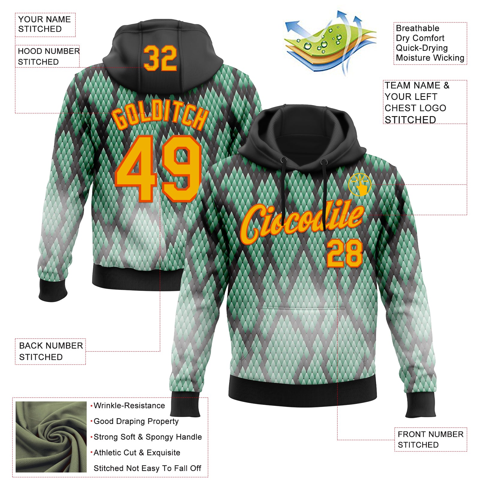 Custom Stitched Black Gold Green-Orange 3D Pattern Design Snake Print Sportswear Pullover Sweatshirt Hoodie
