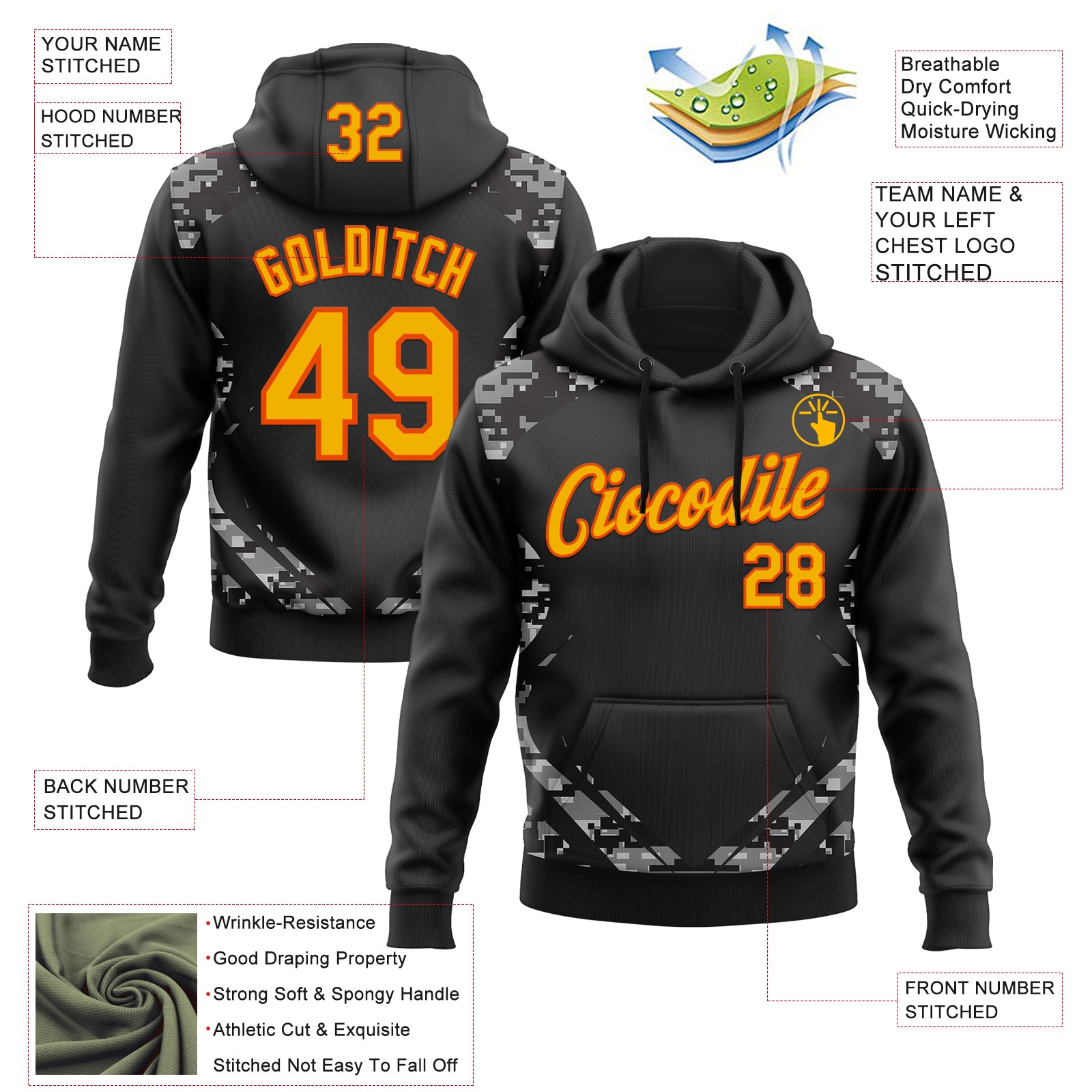 Custom Stitched Black Gold-Orange 3D Pattern Design Camo Sportswear Pullover Sweatshirt Hoodie