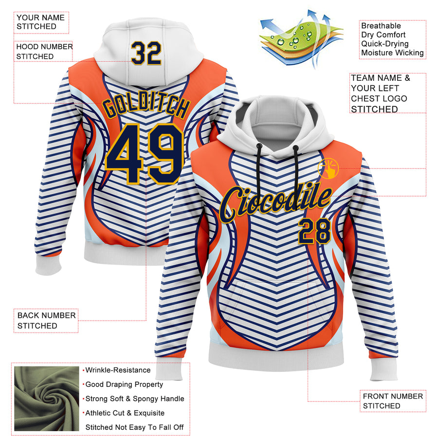 Custom Stitched White Navy Blue Orange-Gold 3D Pattern Design Sportswear Pullover Sweatshirt Hoodie