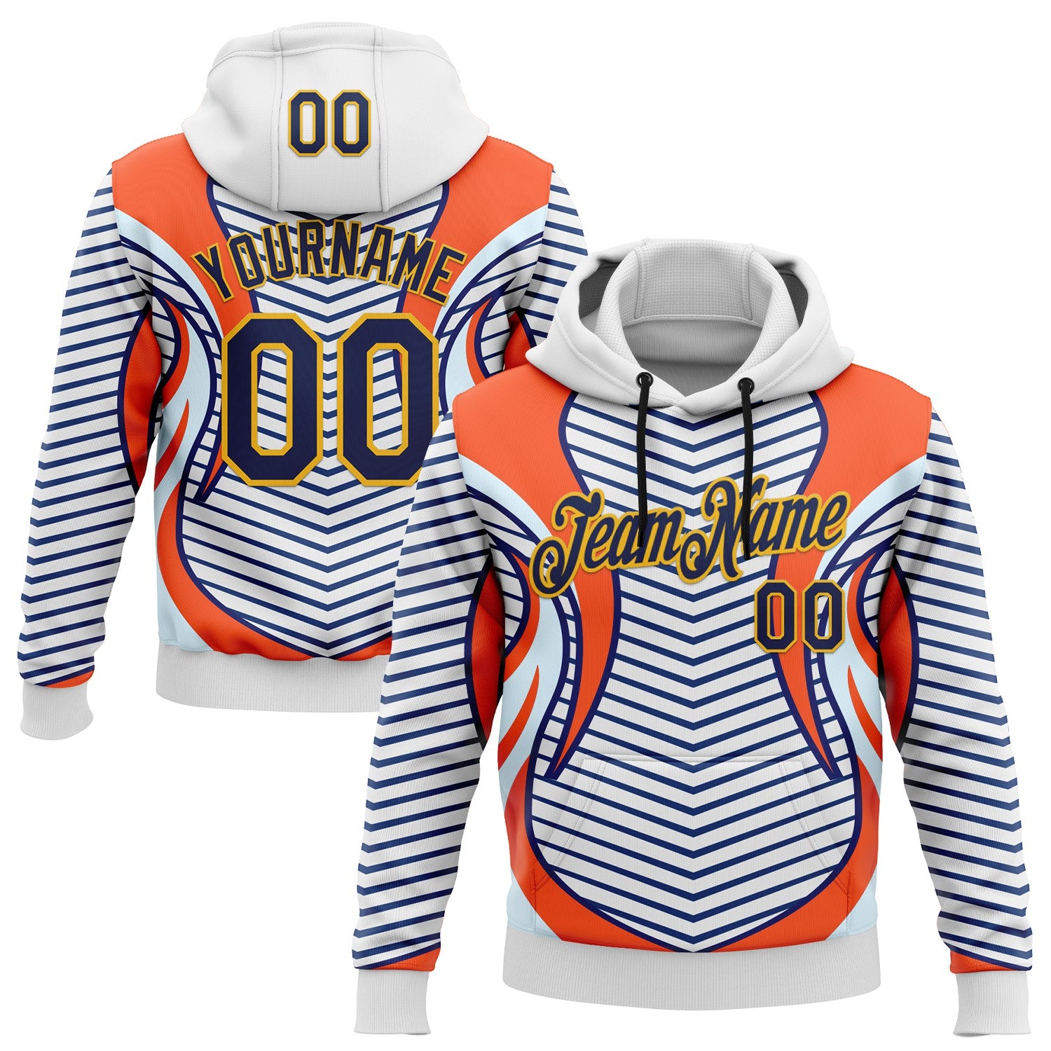 Custom Stitched White Navy Blue Orange-Gold 3D Pattern Design Sportswear Pullover Sweatshirt Hoodie