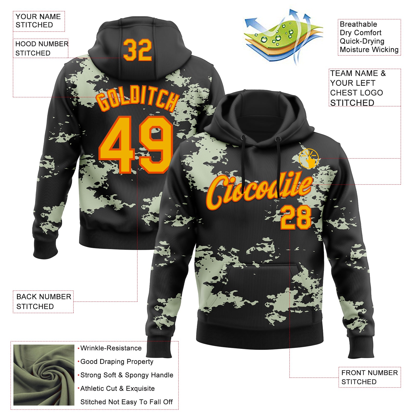 Custom Stitched Black Gold-Orange 3D Pattern Design Camo Sportswear Pullover Sweatshirt Hoodie