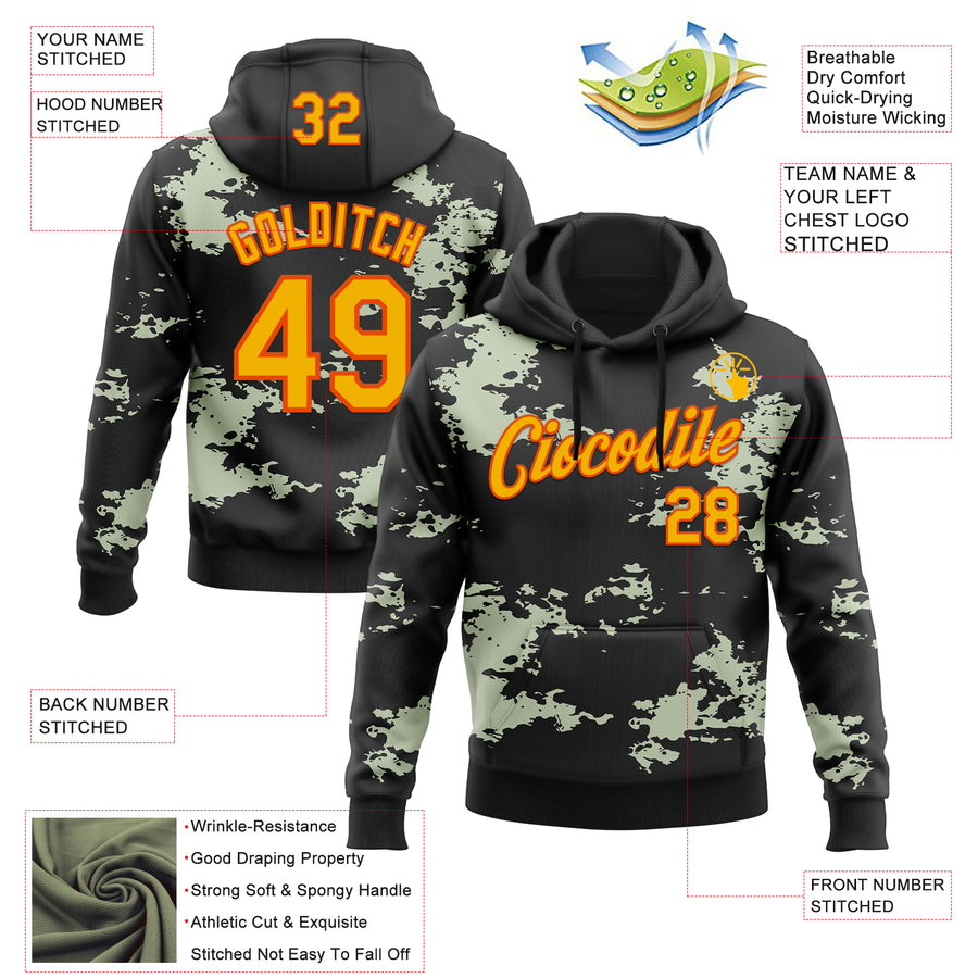 Custom Stitched Black Gold-Orange 3D Pattern Design Camo Sportswear Pullover Sweatshirt Hoodie