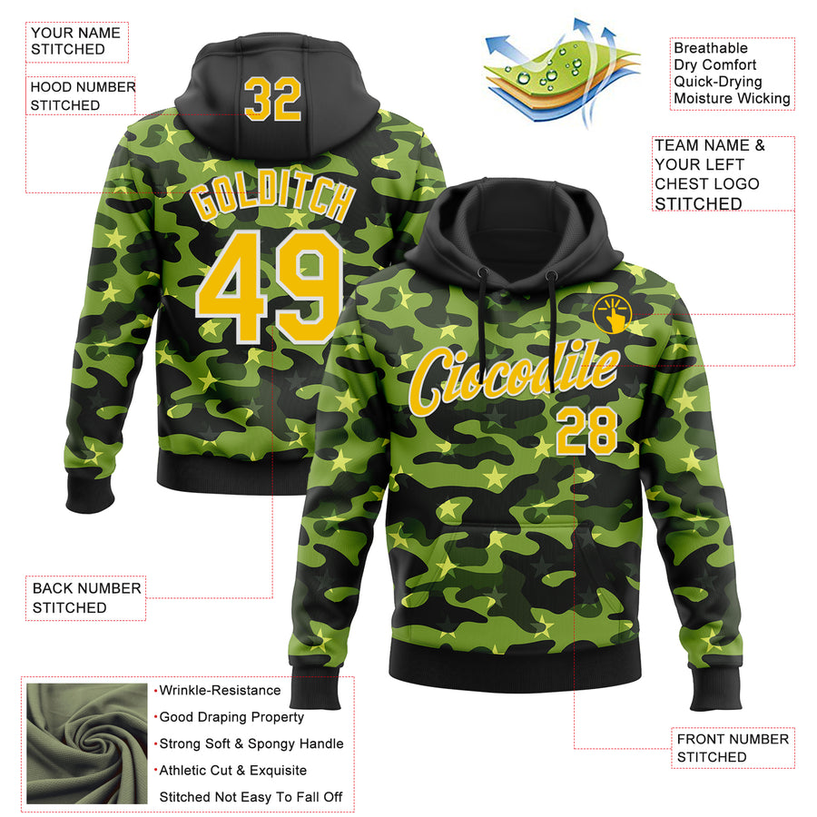 Custom Stitched Black Yellow-White 3D Pattern Design Camo Military Sportswear Pullover Sweatshirt Hoodie