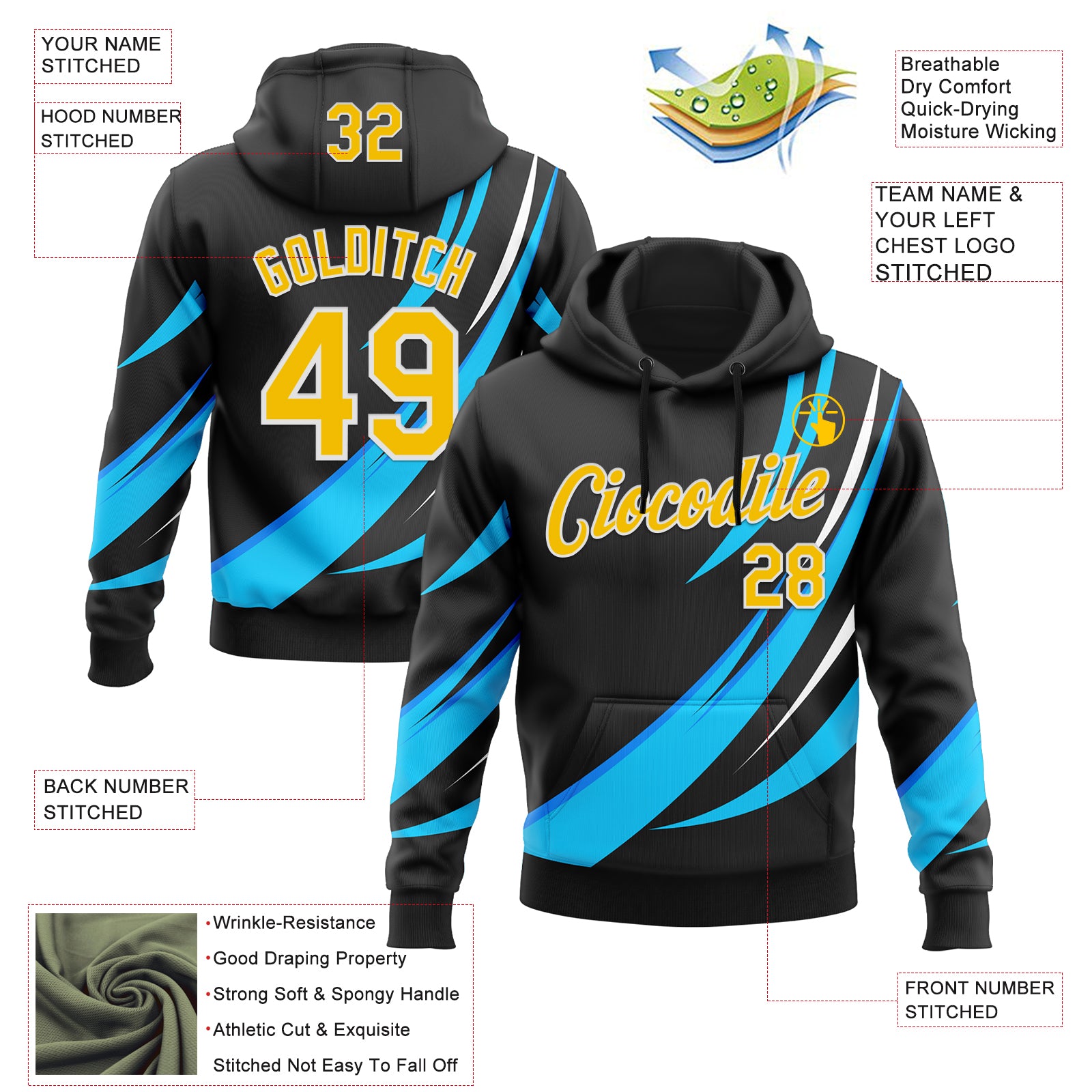 Custom Stitched Black Yellow Blue-White 3D Pattern Design Sportswear Pullover Sweatshirt Hoodie