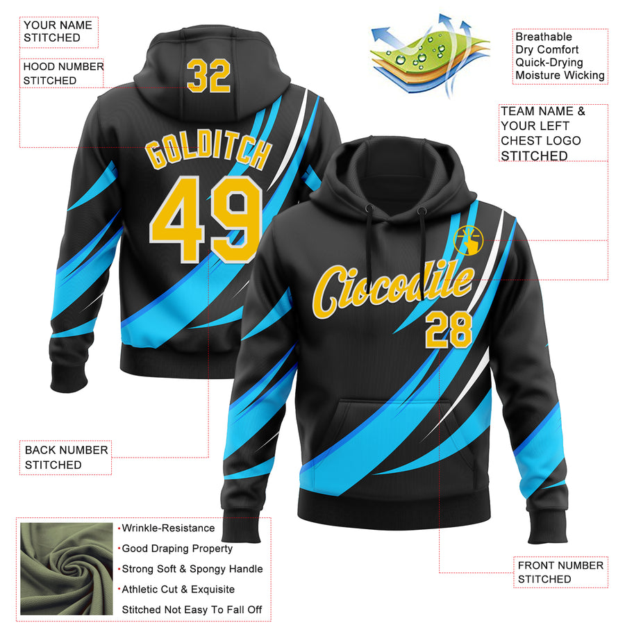 Custom Stitched Black Yellow Blue-White 3D Pattern Design Sportswear Pullover Sweatshirt Hoodie