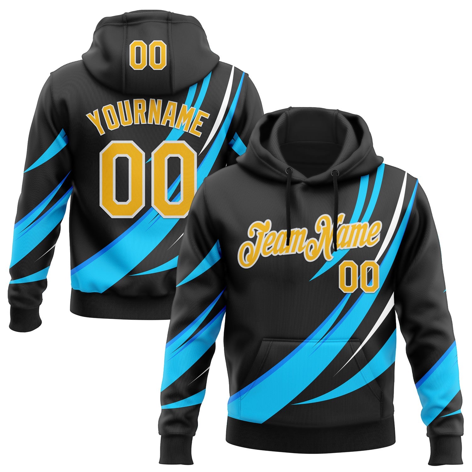 Custom Stitched Black Yellow Blue-White 3D Pattern Design Sportswear Pullover Sweatshirt Hoodie