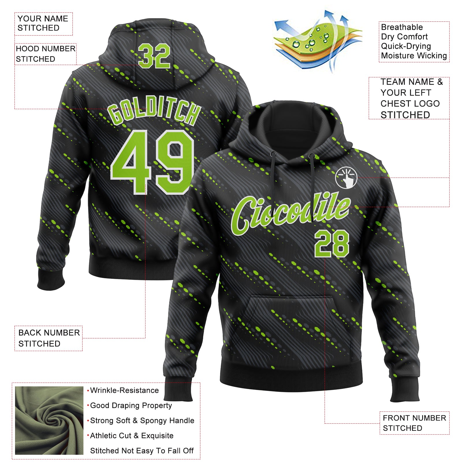 Custom Stitched Black Neon Green-White Slant Lines Sports Pullover Sweatshirt Hoodie