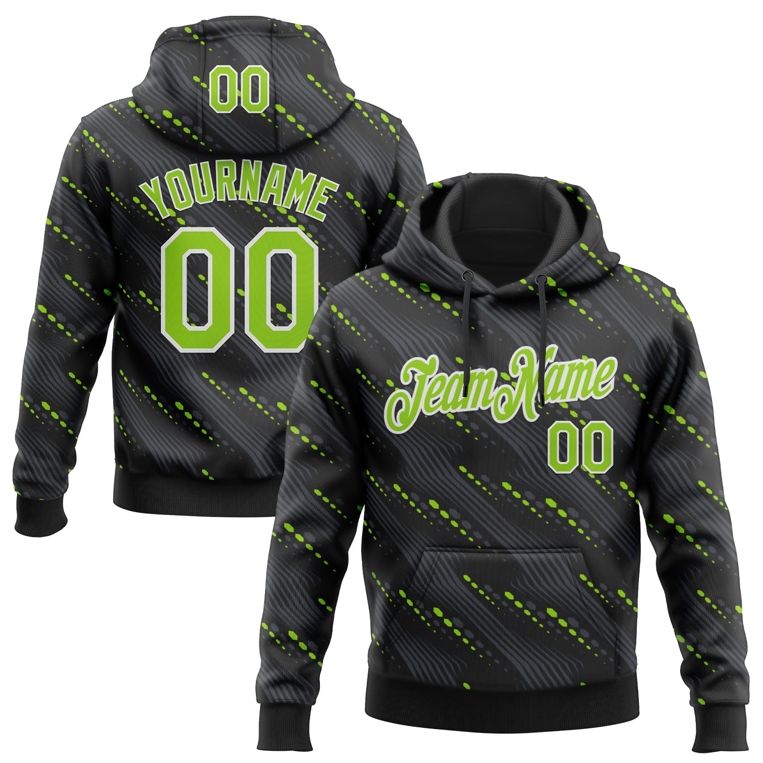Custom Stitched Black Neon Green-White Slant Lines Sports Pullover Sweatshirt Hoodie