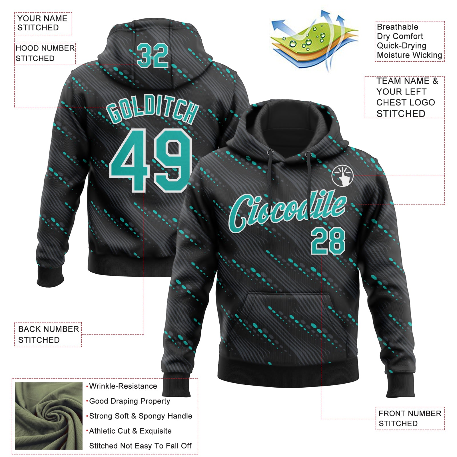 Custom Stitched Black Aqua-White Slant Lines Sports Pullover Sweatshirt Hoodie