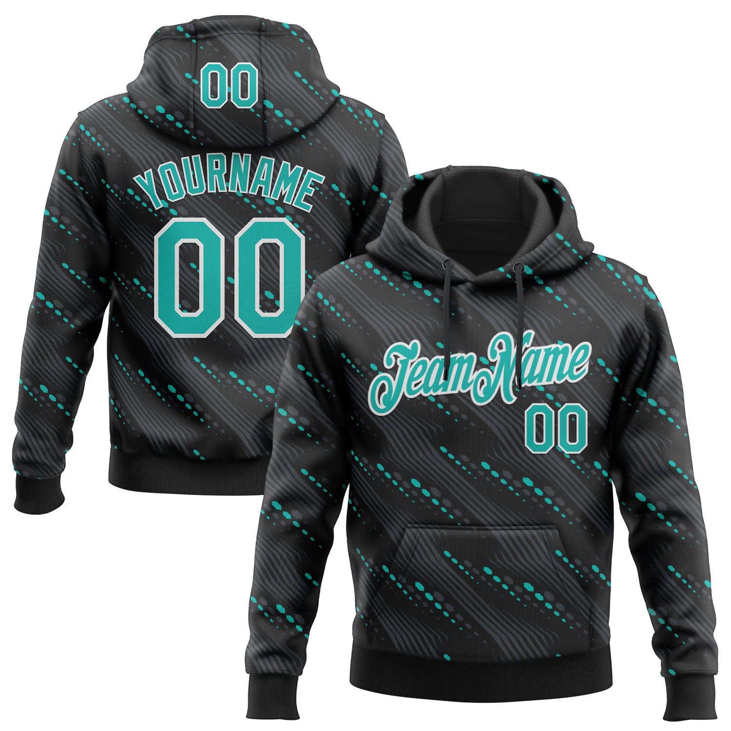 Custom Stitched Black Aqua-White Slant Lines Sports Pullover Sweatshirt Hoodie