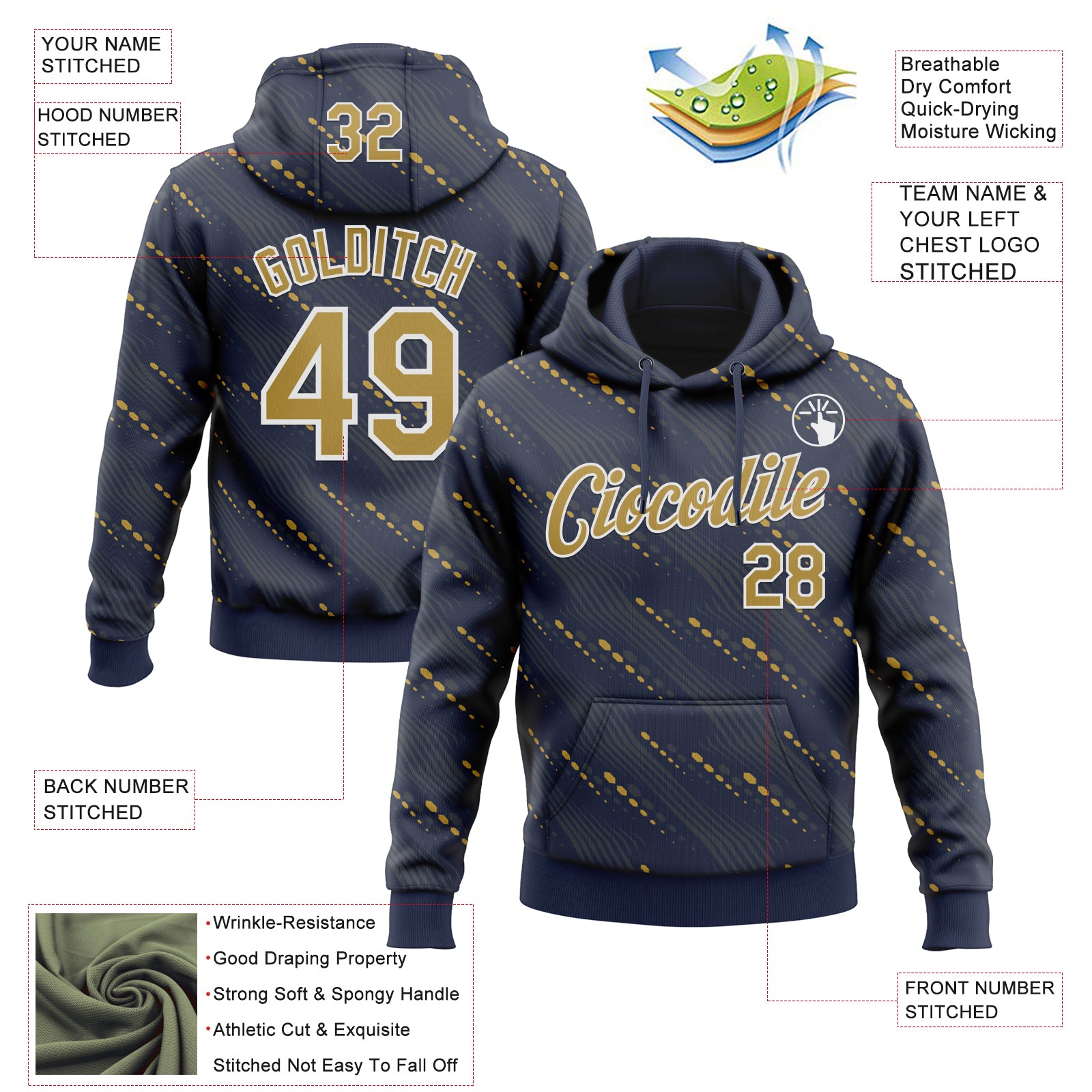 Custom Stitched Navy Old Gold-White Slant Lines Sports Pullover Sweatshirt Hoodie