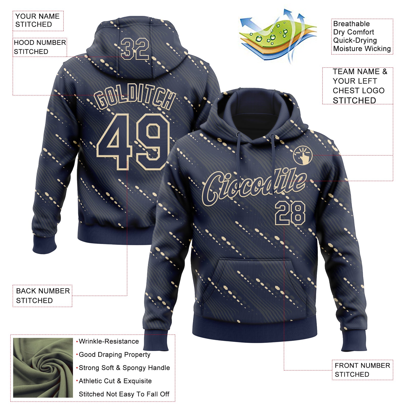 Custom Stitched Navy Cream Slant Lines Sports Pullover Sweatshirt Hoodie