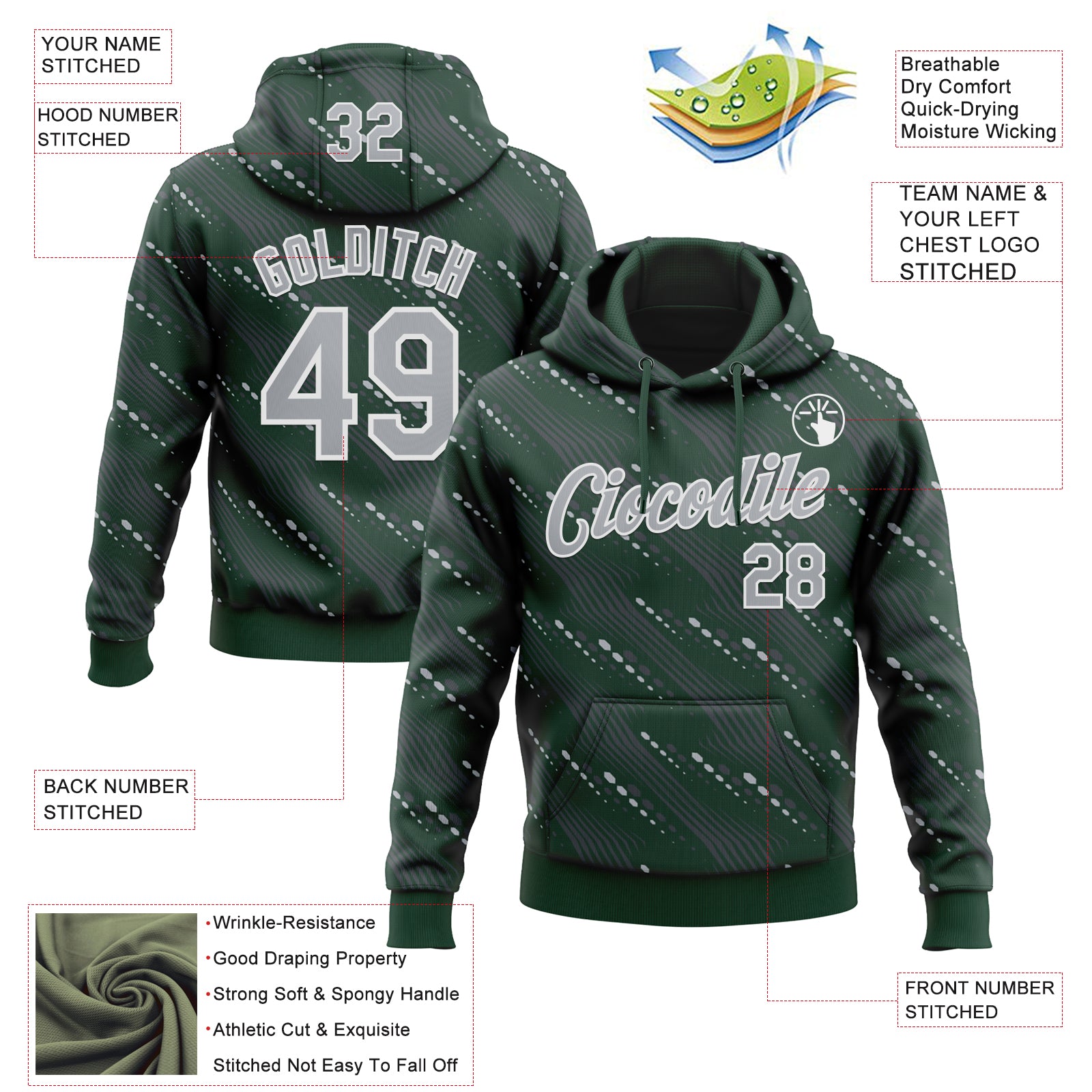 Custom Stitched Green Gray-White Slant Lines Sports Pullover Sweatshirt Hoodie