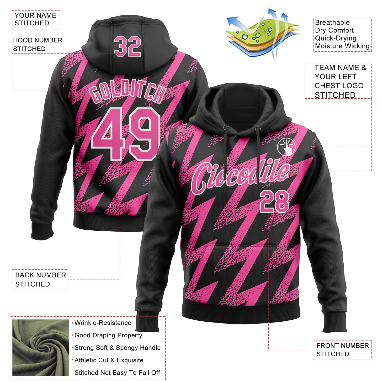 Custom Stitched Black Pink-White Zigzag Shape Sports Pullover Sweatshirt Hoodie