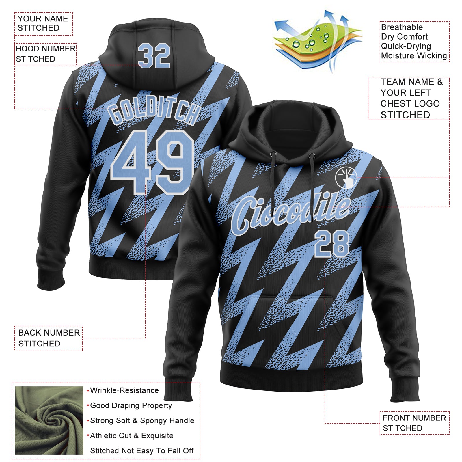Custom Stitched Black Light Blue-White Zigzag Shape Sports Pullover Sweatshirt Hoodie