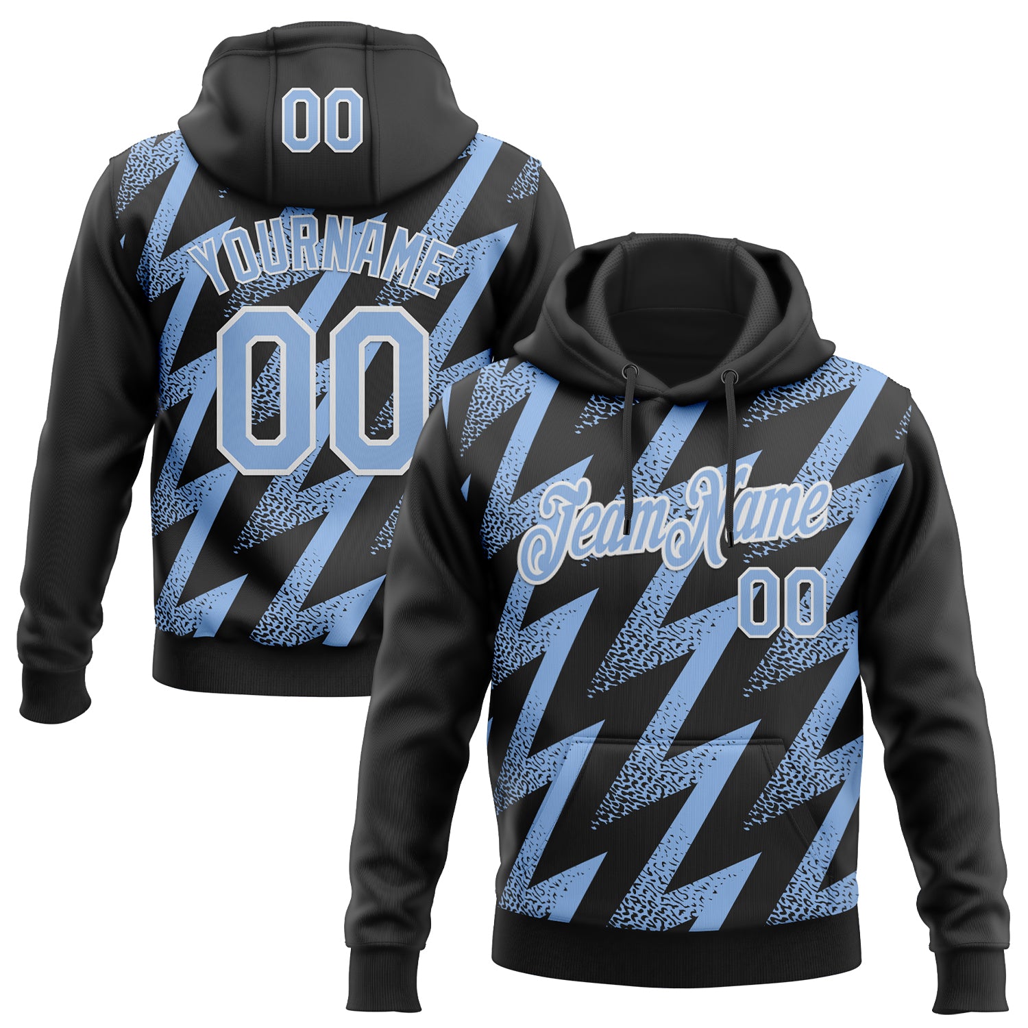 Custom Stitched Black Light Blue-White Zigzag Shape Sports Pullover Sweatshirt Hoodie