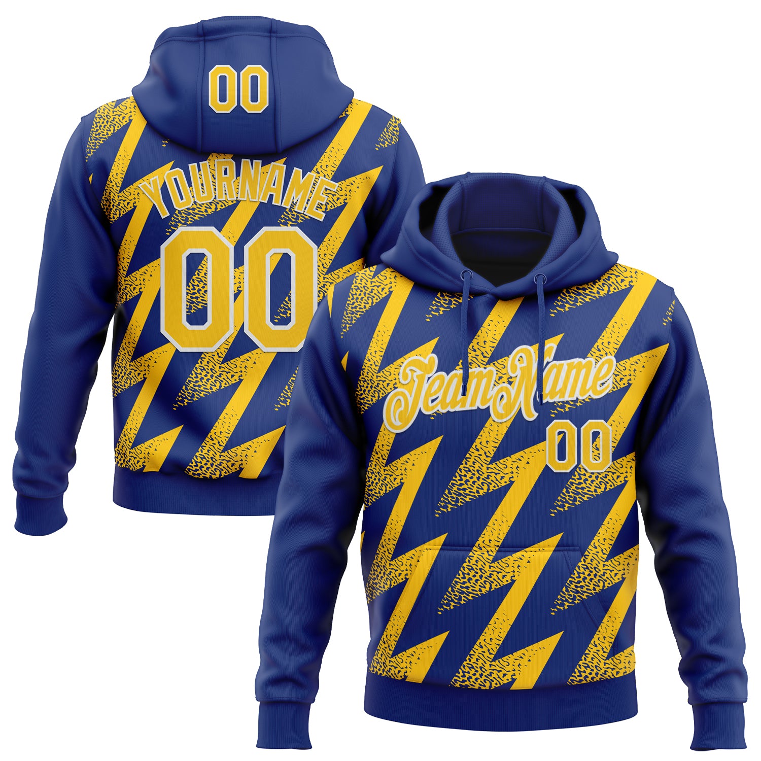Custom Stitched Royal Yellow-White Zigzag Shape Sports Pullover Sweatshirt Hoodie