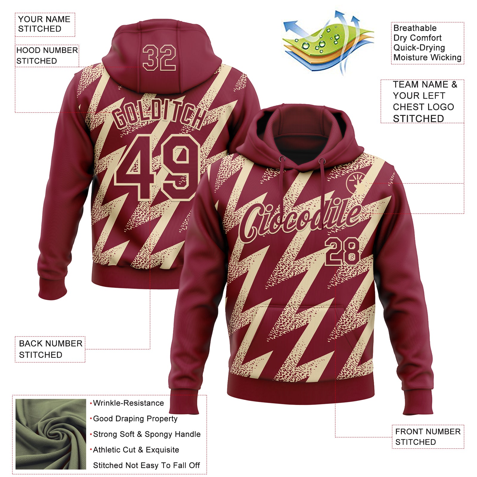 Custom Stitched Crimson Cream Zigzag Shape Sports Pullover Sweatshirt Hoodie