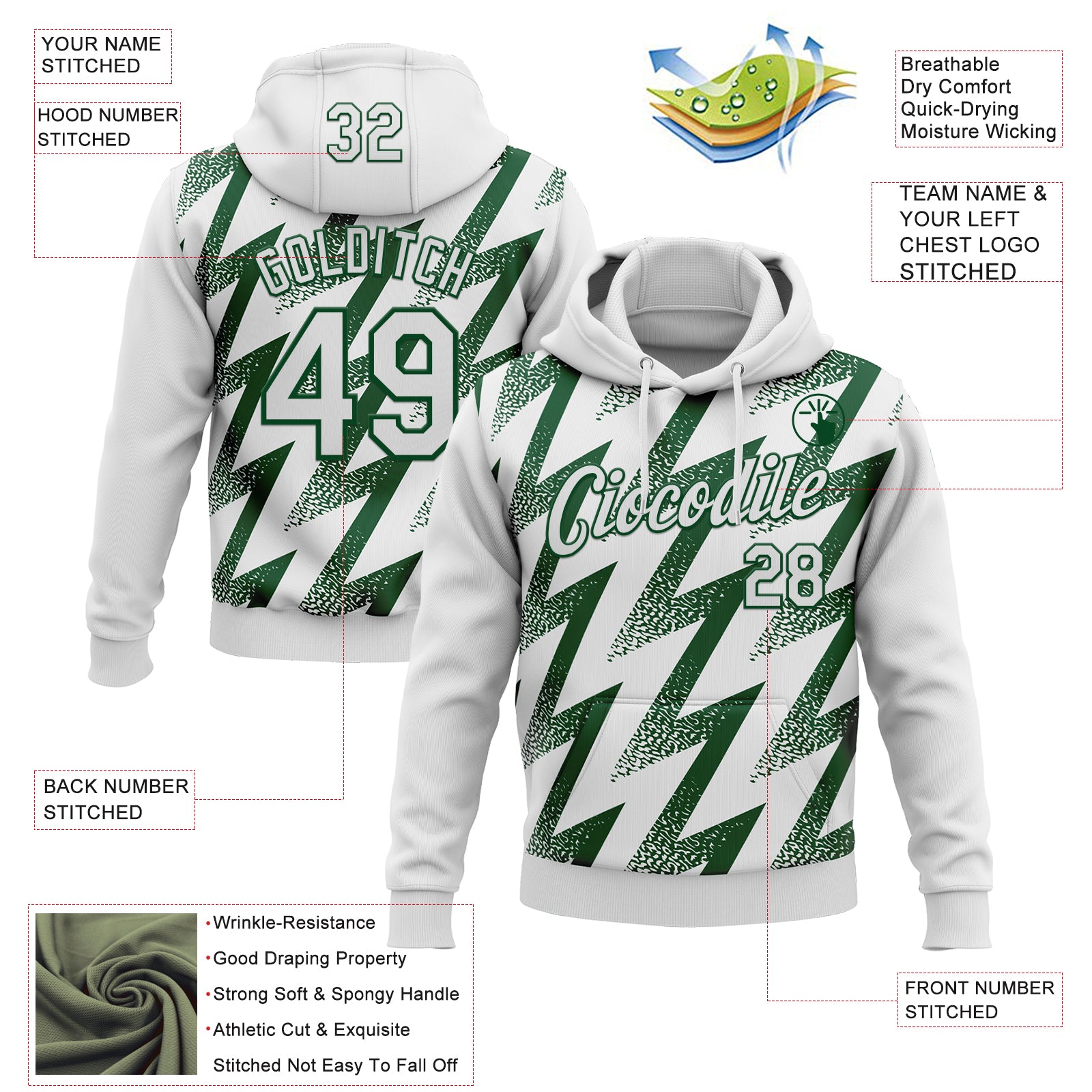 Custom Stitched White Green Zigzag Shape Sports Pullover Sweatshirt Hoodie