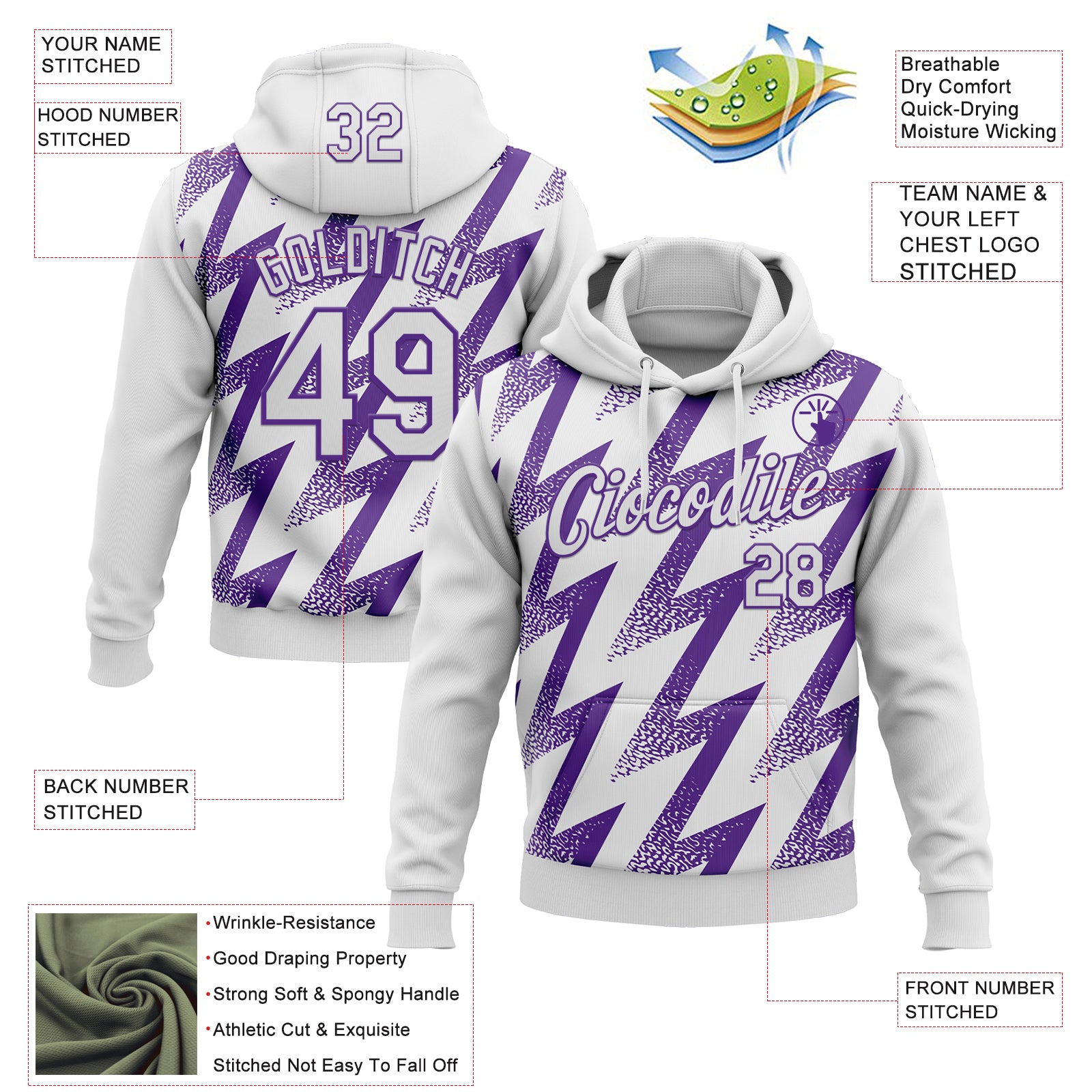 Custom Stitched White Purple Zigzag Shape Sports Pullover Sweatshirt Hoodie