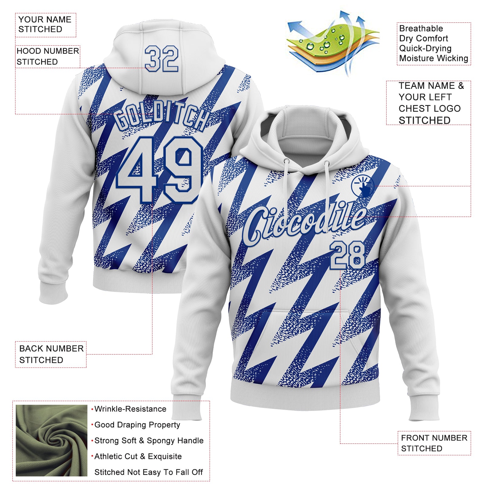 Custom Stitched White Royal Zigzag Shape Sports Pullover Sweatshirt Hoodie