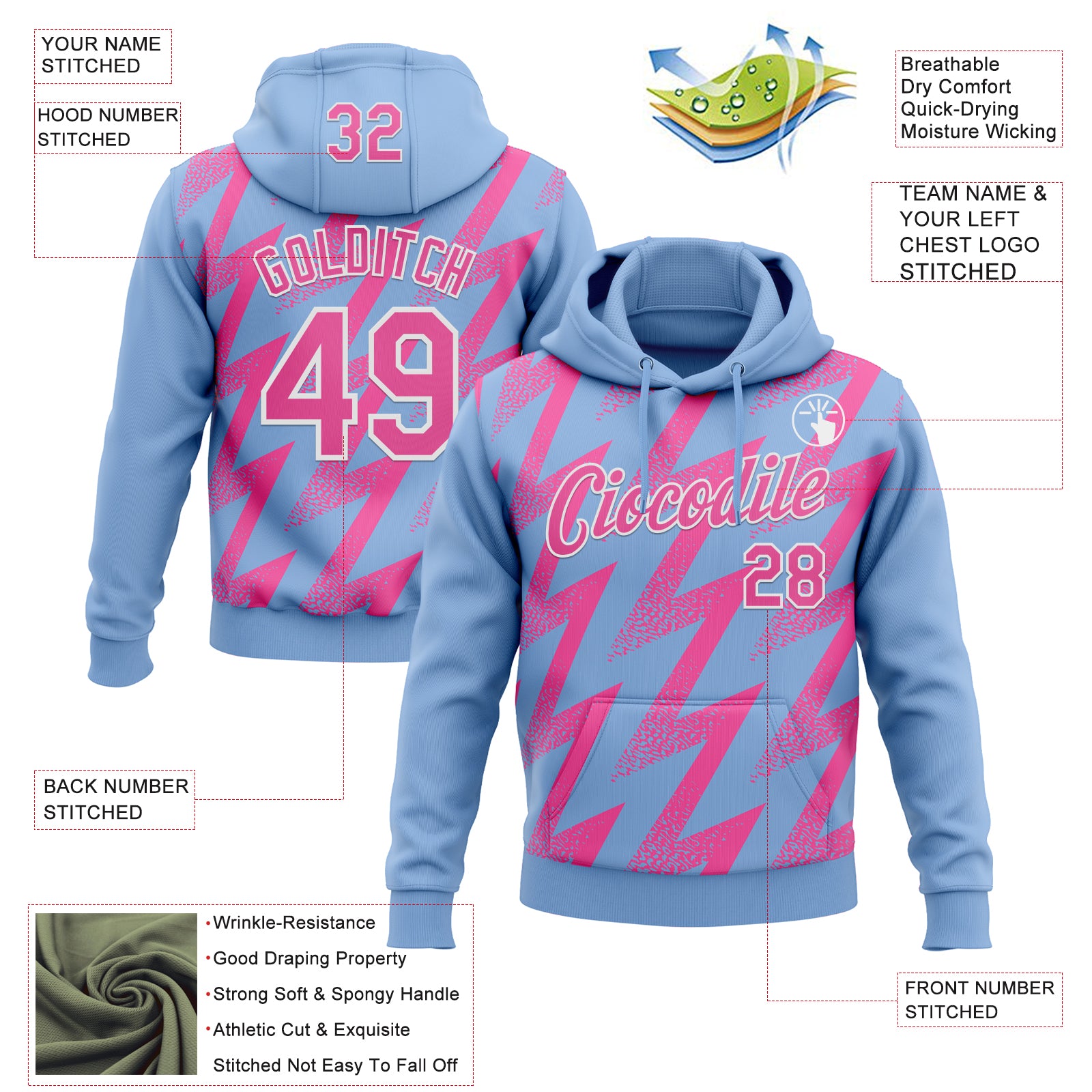 Custom Stitched Light Blue Pink-White Zigzag Shape Sports Pullover Sweatshirt Hoodie