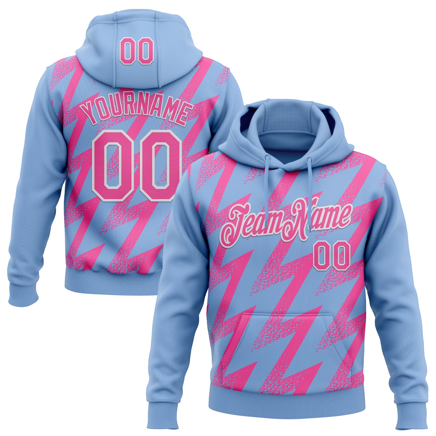 Custom Stitched Light Blue Pink-White Zigzag Shape Sports Pullover Sweatshirt Hoodie