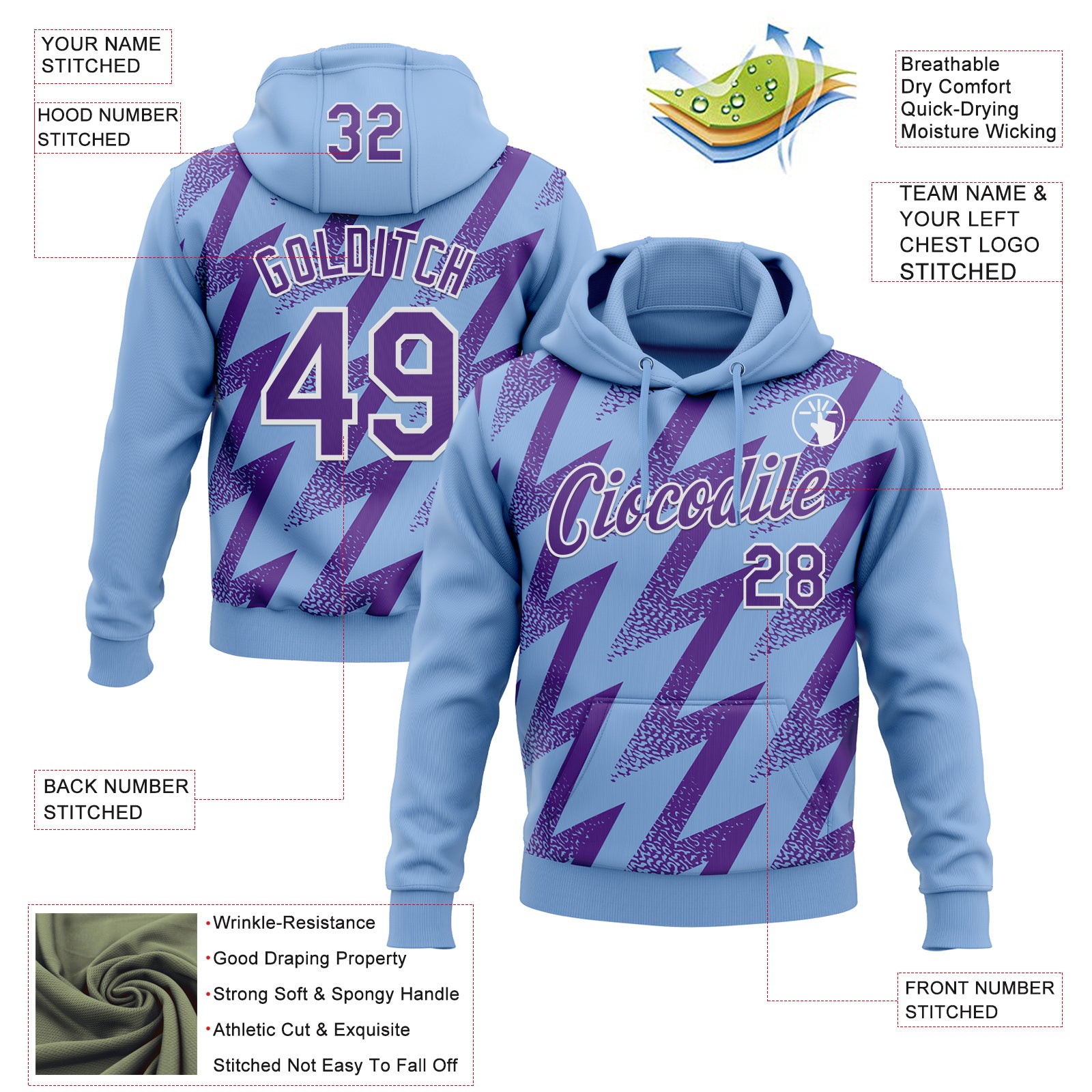 Custom Stitched Light Blue Purple-White Zigzag Shape Sports Pullover Sweatshirt Hoodie
