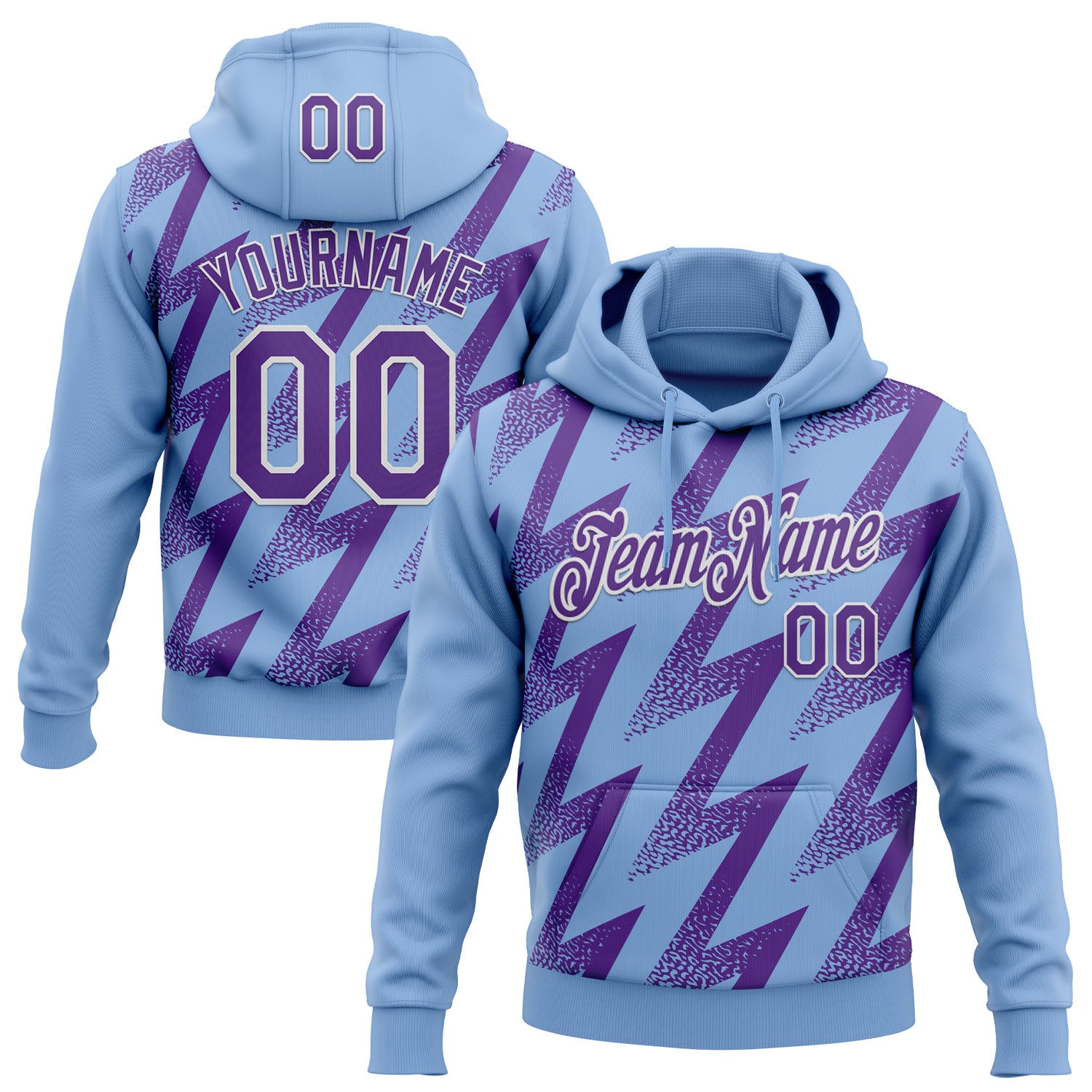 Custom Stitched Light Blue Purple-White Zigzag Shape Sports Pullover Sweatshirt Hoodie