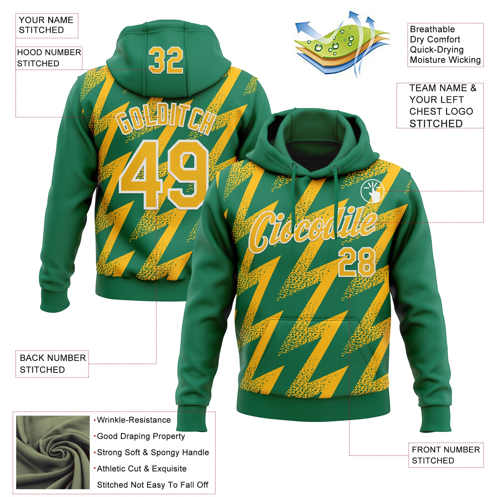 Custom Stitched Kelly Green Gold-White Zigzag Shape Sports Pullover Sweatshirt Hoodie