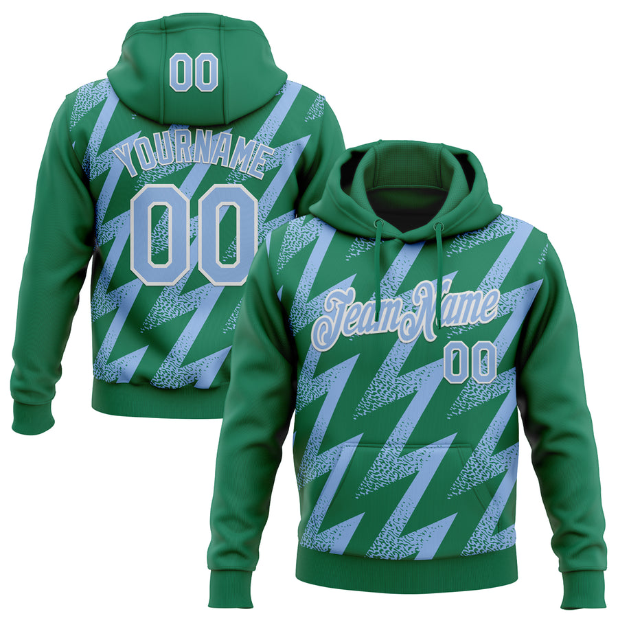 Custom Stitched Kelly Green Light Blue-White Zigzag Shape Sports Pullover Sweatshirt Hoodie