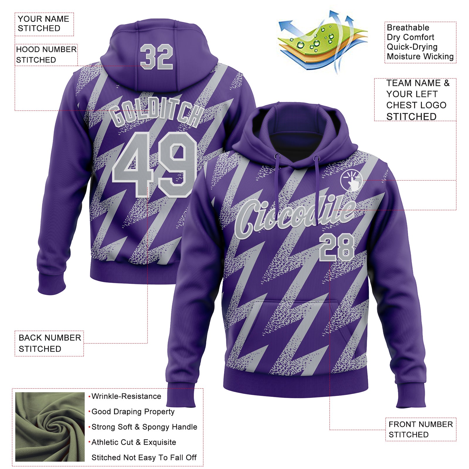 Custom Stitched Purple Gray-White Zigzag Shape Sports Pullover Sweatshirt Hoodie