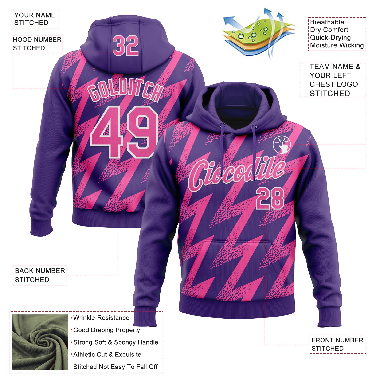 Custom Stitched Purple Pink-White Zigzag Shape Sports Pullover Sweatshirt Hoodie