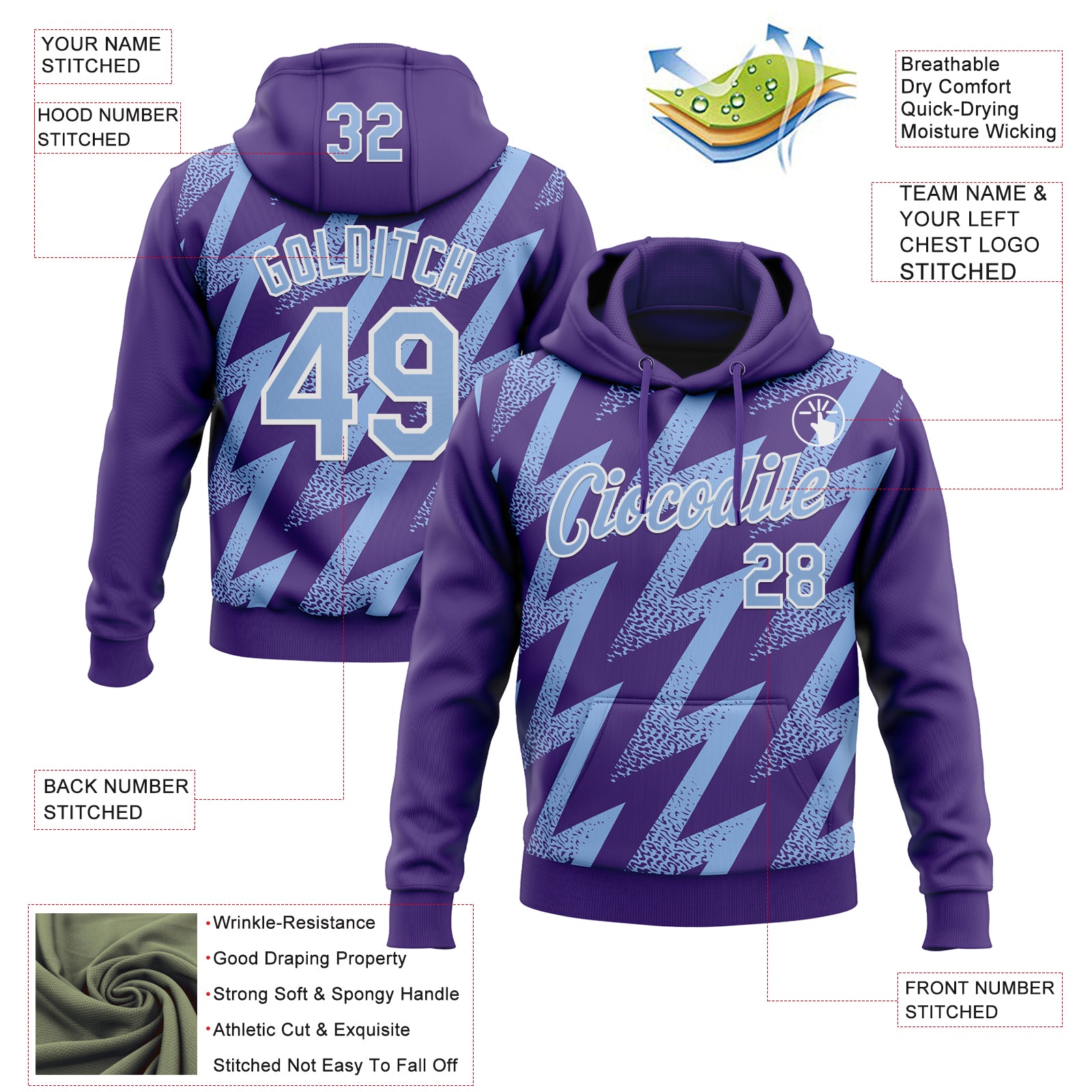 Custom Stitched Purple Light Blue-White Zigzag Shape Sports Pullover Sweatshirt Hoodie