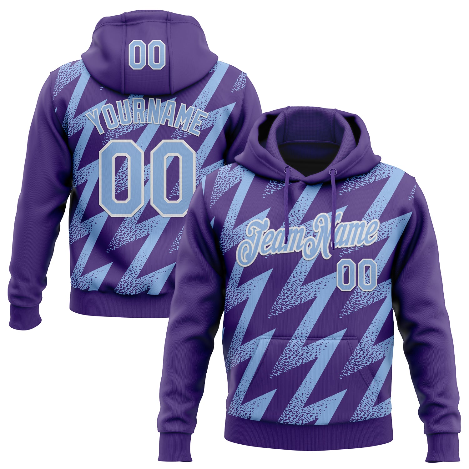 Custom Stitched Purple Light Blue-White Zigzag Shape Sports Pullover Sweatshirt Hoodie
