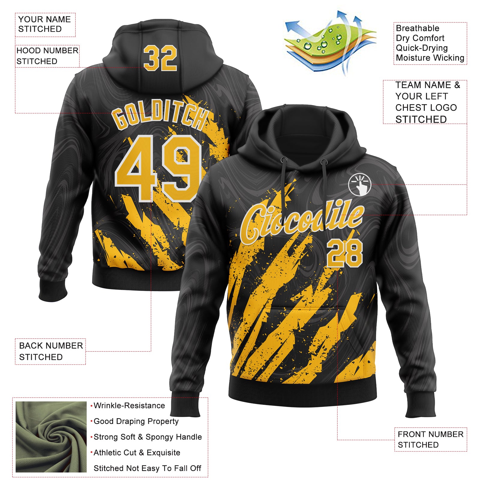 Custom Stitched Black Gold-White Splash Sports Pullover Sweatshirt Hoodie